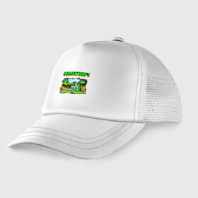 Детская кепка тракер с принтом Minecraft в городе Новоалтайск, Козырек - 100% хлопок. Кепка - 100% полиэстер, Задняя часть - сетка | универсальный размер, пластиковая застёжка | Тематика изображения на принте: minecraft | алекс | белый | блоки | ведьма | взрывчатка | визера | волк | гаст | добывать | дракон | зеленый куб | зомби | игра | крафт | крипер | кубики | лошадка | майн | майнкрафт | манкрафт | овечка | оцелот