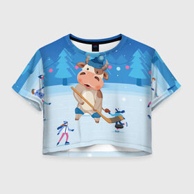Женская футболка Crop-top 3D с принтом Бык играет в хоккей в городе Новоалтайск, 100% полиэстер | круглая горловина, длина футболки до линии талии, рукава с отворотами | 2021 | 7 января | bull | newyear | santa | бык | быки | бычок | год быка | дед мороз | корова | новогодние каникулы | новогодние праздники | новый 2021 | новый год | новый год 2021 | рождество | сани | санта | санта клаус