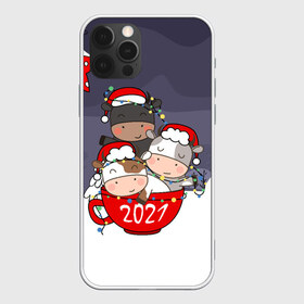Чехол для iPhone 12 Pro Max с принтом Новогодние быки в чашке в городе Новоалтайск, Силикон |  | Тематика изображения на принте: 2021 | 7 января | bull | newyear | santa | бык | быки | бычок | год быка | дед мороз | корова | новогодние каникулы | новогодние праздники | новый 2021 | новый год | новый год 2021 | рождество | сани | санта | санта клаус