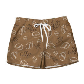 Женские шорты 3D с принтом Кофейный узор в городе Новоалтайск, 100% полиэстер | прямой крой, два кармана без застежек по бокам. Мягкая трикотажная резинка на поясе, внутри которой широкие завязки. Длина до середины бедра | белый | кофе | кофейный | надпись | паттерн | узор