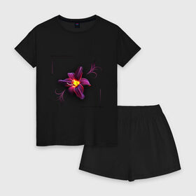Женская пижама с шортиками хлопок с принтом Flower Цветок в городе Новоалтайск, 100% хлопок | футболка прямого кроя, шорты свободные с широкой мягкой резинкой | желтый | узор | феолетовый цветок | цветочный