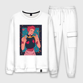 Мужской костюм хлопок с принтом Hisoka Morow Hunter x Hunter в городе Новоалтайск, 100% хлопок | на свитшоте круглая горловина, мягкая резинка по низу. Брюки заужены к низу, на них два вида карманов: два “обычных” по бокам и два объемных, с клапанами, расположенные ниже линии бедра. Брюки с мягкой трикотажной резинкой на поясе и по низу штанин. В поясе для дополнительного комфорта — широкие завязки | anime | hisoka | hunter x hunter | joker | аниме | антагонист | джокер | злодей | карты | охотник против охотника | хантер х хантер | хисока | хисока мороу