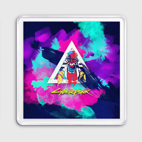 Магнит 55*55 с принтом Cyberpunk 2077 в городе Новоалтайск, Пластик | Размер: 65*65 мм; Размер печати: 55*55 мм | Тематика изображения на принте: demon | fangs. | paint | triangle | демон | клыки | краски | треугольник