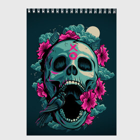 Скетчбук с принтом Skull в городе Новоалтайск, 100% бумага
 | 48 листов, плотность листов — 100 г/м2, плотность картонной обложки — 250 г/м2. Листы скреплены сверху удобной пружинной спиралью | skulls | xo | букет | градиент | животные | мозги | полосы | природа | птицы | розы | скелет | текстура | узор | хо | цветы | черепа | черный | яркий