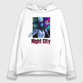 Женское худи Oversize хлопок с принтом Night City Nier automata в городе Новоалтайск, френч-терри — 70% хлопок, 30% полиэстер. Мягкий теплый начес внутри —100% хлопок | боковые карманы, эластичные манжеты и нижняя кромка, капюшон на магнитной кнопке | armband. | girl | samurai | weapon | девушка | оружие | повязка | самурай