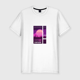 Мужская футболка хлопок Slim с принтом RETROWAVE в городе Новоалтайск, 92% хлопок, 8% лайкра | приталенный силуэт, круглый вырез ворота, длина до линии бедра, короткий рукав | retro | retrowave | vintage | винтаж | город | закат | ретро | ретровейв | солнце | старый