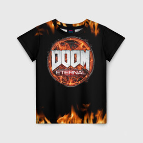 Детская футболка 3D с принтом DOOM Eternal в городе Новоалтайск, 100% гипоаллергенный полиэфир | прямой крой, круглый вырез горловины, длина до линии бедер, чуть спущенное плечо, ткань немного тянется | doom eternal | дум | игра | компьютерная | логотип | надпись | огненный | огонь | подарок | пожар | символ | фанату | черный