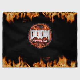Плед 3D с принтом DOOM Eternal в городе Новоалтайск, 100% полиэстер | закругленные углы, все края обработаны. Ткань не мнется и не растягивается | doom eternal | дум | игра | компьютерная | логотип | надпись | огненный | огонь | подарок | пожар | символ | фанату | черный
