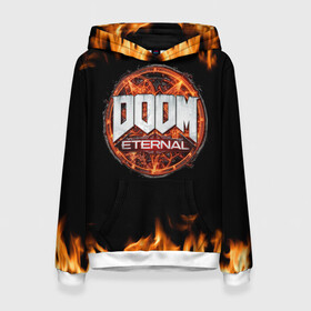 Женская толстовка 3D с принтом DOOM Eternal в городе Новоалтайск, 100% полиэстер  | двухслойный капюшон со шнурком для регулировки, мягкие манжеты на рукавах и по низу толстовки, спереди карман-кенгуру с мягким внутренним слоем. | doom eternal | дум | игра | компьютерная | логотип | надпись | огненный | огонь | подарок | пожар | символ | фанату | черный