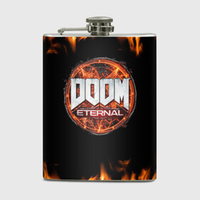 Фляга с принтом DOOM Eternal в городе Новоалтайск, металлический корпус | емкость 0,22 л, размер 125 х 94 мм. Виниловая наклейка запечатывается полностью | Тематика изображения на принте: doom eternal | дум | игра | компьютерная | логотип | надпись | огненный | огонь | подарок | пожар | символ | фанату | черный