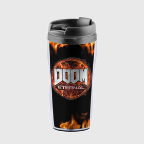 Термокружка-непроливайка с принтом DOOM Eternal в городе Новоалтайск, внутренняя часть — пищевой пластик, наружная часть — прозрачный пластик, между ними — полиграфическая вставка с рисунком | объем — 350 мл, герметичная крышка | doom eternal | дум | игра | компьютерная | логотип | надпись | огненный | огонь | подарок | пожар | символ | фанату | черный
