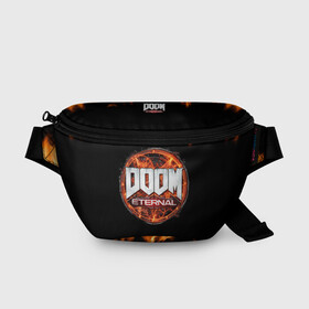 Поясная сумка 3D с принтом DOOM Eternal в городе Новоалтайск, 100% полиэстер | плотная ткань, ремень с регулируемой длиной, внутри несколько карманов для мелочей, основное отделение и карман с обратной стороны сумки застегиваются на молнию | doom eternal | дум | игра | компьютерная | логотип | надпись | огненный | огонь | подарок | пожар | символ | фанату | черный