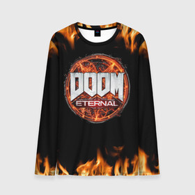 Мужской лонгслив 3D с принтом DOOM Eternal в городе Новоалтайск, 100% полиэстер | длинные рукава, круглый вырез горловины, полуприлегающий силуэт | doom eternal | дум | игра | компьютерная | логотип | надпись | огненный | огонь | подарок | пожар | символ | фанату | черный