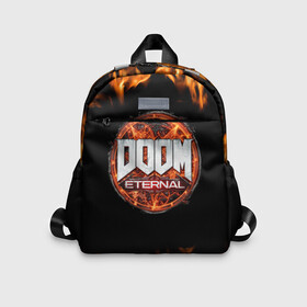 Детский рюкзак 3D с принтом DOOM Eternal в городе Новоалтайск, 100% полиэстер | лямки с регулируемой длиной, сверху петелька, чтобы рюкзак можно было повесить на вешалку. Основное отделение закрывается на молнию, как и внешний карман. Внутри дополнительный карман. По бокам два дополнительных кармашка | Тематика изображения на принте: doom eternal | дум | игра | компьютерная | логотип | надпись | огненный | огонь | подарок | пожар | символ | фанату | черный