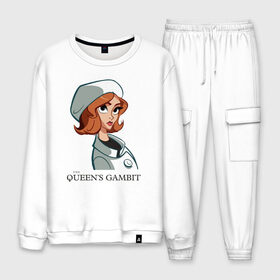 Мужской костюм хлопок с принтом Queens Gambit Ход Королевы в городе Новоалтайск, 100% хлопок | на свитшоте круглая горловина, мягкая резинка по низу. Брюки заужены к низу, на них два вида карманов: два “обычных” по бокам и два объемных, с клапанами, расположенные ниже линии бедра. Брюки с мягкой трикотажной резинкой на поясе и по низу штанин. В поясе для дополнительного комфорта — широкие завязки | Тематика изображения на принте: the queens gambit | бэт хармон | королева | милая девушка | рыжая | рыжая девушка | сериал | сериал про шахматы | ход королевы | шахматы | элизабет хармон