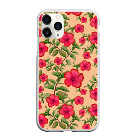 Чехол для iPhone 11 Pro матовый с принтом Гибискусы на бежевом фоне в городе Новоалтайск, Силикон |  | 8 марта | flowers | summer | бежевый | ботаническая иллюстрация | весна | гибискус | зеленый | красный | лето | любовь | праздник | принт | природа | растения | цветы