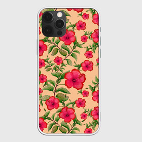 Чехол для iPhone 12 Pro Max с принтом Гибискусы на бежевом фоне в городе Новоалтайск, Силикон |  | 8 марта | flowers | summer | бежевый | ботаническая иллюстрация | весна | гибискус | зеленый | красный | лето | любовь | праздник | принт | природа | растения | цветы