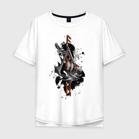 Мужская футболка хлопок Oversize с принтом Assassins Creed Valhalla Тату в городе Новоалтайск, 100% хлопок | свободный крой, круглый ворот, “спинка” длиннее передней части | викинги | графика | драккар | корабль | орел | руны | тату | черный