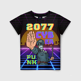 Детская футболка 3D с принтом Retro Cyberpunk в городе Новоалтайск, 100% гипоаллергенный полиэфир | прямой крой, круглый вырез горловины, длина до линии бедер, чуть спущенное плечо, ткань немного тянется | 2077 | 3d | cyber punk | cyberpunk | retro | кибер панк | киберпанк | полная запечатка | ретро | робот