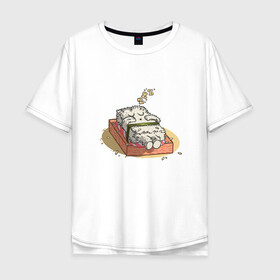 Мужская футболка хлопок Oversize с принтом Kawaii Sleeping Sushi в городе Новоалтайск, 100% хлопок | свободный крой, круглый ворот, “спинка” длиннее передней части | anime | asia | asian | cute | japan | japanese | lazy | manga | rice | азия | аниме | восток | кавайи | кроватка | кровать | лень | лосось | манга | милота | нигири | нори | рис | роллы | рыба | снится сон | сон | спят | спящие | суси