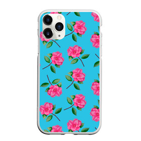Чехол для iPhone 11 Pro Max матовый с принтом Камелии на голубом фоне в городе Новоалтайск, Силикон |  | 8 марта | flowers | summer | ботаническая иллюстрация | весна | зеленый | камелии | лето | любовь | праздник | принт | природа | растения | розовый | цветы
