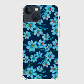 Чехол для iPhone 13 mini с принтом Иксии не темно синем фоне в городе Новоалтайск,  |  | 8 марта | flowers | summer | ботаническая иллюстрация | весна | иксии | лето | любовь | праздник | принт | природа | растения | синий | цветы
