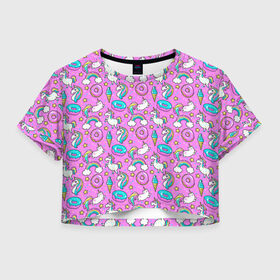 Женская футболка Crop-top 3D с принтом Единороги и пончики в городе Новоалтайск, 100% полиэстер | круглая горловина, длина футболки до линии талии, рукава с отворотами | девочке | девчачья | детская | детство | единороги | звездочки | милая | пончики | радуга | сладости