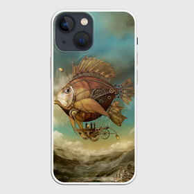 Чехол для iPhone 13 mini с принтом Рыба дирижабль в городе Новоалтайск,  |  | steampunk | биомеханика | воздушный шар | горы | дережабль | дирижабль | карась | коричневый | летательный  аппарат | медь | механика | парусник | пиранья | рыба | рыбка | сепия | стим | стимпанк
