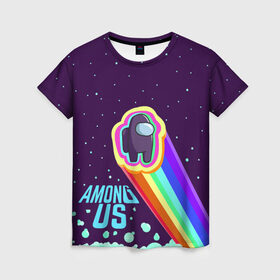 Женская футболка 3D с принтом AMONG US neon rainbow в городе Новоалтайск, 100% полиэфир ( синтетическое хлопкоподобное полотно) | прямой крой, круглый вырез горловины, длина до линии бедер | детский | космос | неоновый | радуга | стильная | тренд | яркий