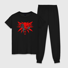 Женская пижама хлопок с принтом Cyberpunk 2077 Ведьмак в городе Новоалтайск, 100% хлопок | брюки и футболка прямого кроя, без карманов, на брюках мягкая резинка на поясе и по низу штанин | cd project red | cyberpunk 2077 | keanu reeves | samurai | the witcher | ведьмак | киану ривз | киберпанк 2077 | самураи