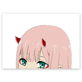 Поздравительная открытка с принтом Darling in the Franxx two в городе Новоалтайск, 100% бумага | плотность бумаги 280 г/м2, матовая, на обратной стороне линовка и место для марки
 | Тематика изображения на принте: 002 | 02 | darling in the franxx | eva | zero two | zero two and hiro | любимый во франксе | милый во франксе | ноль два | франкс | хиро