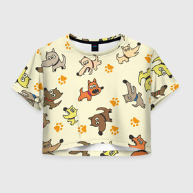 Женская футболка Crop-top 3D с принтом Собачки в городе Новоалтайск, 100% полиэстер | круглая горловина, длина футболки до линии талии, рукава с отворотами | детский | желтый | забавный | злые | зоо | милый | нарисованный | пёсики | приют | следы | собаки | собачки | узор | щенки