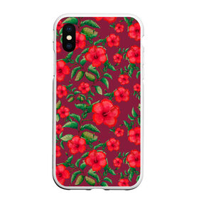 Чехол для iPhone XS Max матовый с принтом Гибискусы на вишневом фоне в городе Новоалтайск, Силикон | Область печати: задняя сторона чехла, без боковых панелей | Тематика изображения на принте: 8 марта | flowers | summer | ботаническая иллюстрация | весна | вишневый | гибискус | зеленый | красный | лето | любовь | праздник | принт | природа | растения | цветы