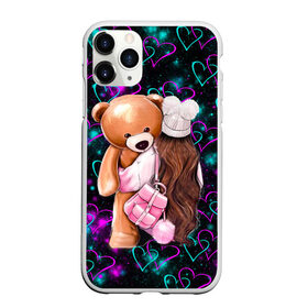 Чехол для iPhone 11 Pro матовый с принтом Девушка с Мишкой в городе Новоалтайск, Силикон |  | Тематика изображения на принте: 14 февраля | love | валентинов день | влюбленные | девушке | день валентина | день влюбленных | жена | заяц | котейка | котики | кошачья любовь | лайки | лапки | любимому | любовь | мем | милота | мишка