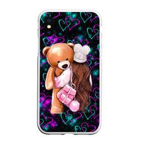 Чехол для iPhone XS Max матовый с принтом Девушка с Мишкой в городе Новоалтайск, Силикон | Область печати: задняя сторона чехла, без боковых панелей | Тематика изображения на принте: 14 февраля | love | валентинов день | влюбленные | девушке | день валентина | день влюбленных | жена | заяц | котейка | котики | кошачья любовь | лайки | лапки | любимому | любовь | мем | милота | мишка