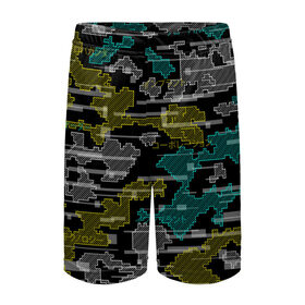 Детские спортивные шорты 3D с принтом Futuristic Camo в городе Новоалтайск,  100% полиэстер
 | пояс оформлен широкой мягкой резинкой, ткань тянется
 | cyberpunk | glitch | глитч | камуфляж | киберпанк | футуристичный