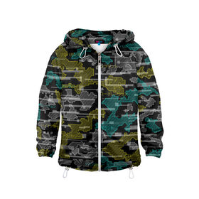 Детская ветровка 3D с принтом Futuristic Camo в городе Новоалтайск, 100% полиэстер | подол и капюшон оформлены резинкой с фиксаторами, по бокам два кармана без застежек, один потайной карман на груди | cyberpunk | glitch | глитч | камуфляж | киберпанк | футуристичный