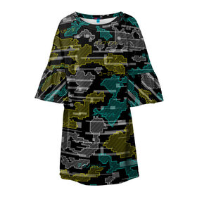 Детское платье 3D с принтом Futuristic Camo в городе Новоалтайск, 100% полиэстер | прямой силуэт, чуть расширенный к низу. Круглая горловина, на рукавах — воланы | Тематика изображения на принте: cyberpunk | glitch | глитч | камуфляж | киберпанк | футуристичный