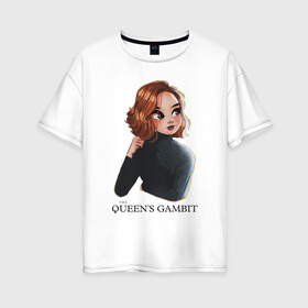 Женская футболка хлопок Oversize с принтом Queens Gambit Ход Королевы в городе Новоалтайск, 100% хлопок | свободный крой, круглый ворот, спущенный рукав, длина до линии бедер
 | the queens gambit | бэт хармон | королева | милая девушка | рыжая | рыжая девушка | сериал | сериал про шахматы | ход королевы | шахматы | элизабет хармон