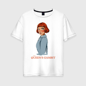 Женская футболка хлопок Oversize с принтом Queens Gambit Ход Королевы в городе Новоалтайск, 100% хлопок | свободный крой, круглый ворот, спущенный рукав, длина до линии бедер
 | the queens gambit | бэт хармон | королева | милая девушка | рыжая | рыжая девушка | сериал | сериал про шахматы | ход королевы | шахматы | элизабет хармон