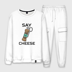 Мужской костюм хлопок с принтом Say Cheese в городе Новоалтайск, 100% хлопок | на свитшоте круглая горловина, мягкая резинка по низу. Брюки заужены к низу, на них два вида карманов: два “обычных” по бокам и два объемных, с клапанами, расположенные ниже линии бедра. Брюки с мягкой трикотажной резинкой на поясе и по низу штанин. В поясе для дополнительного комфорта — широкие завязки | Тематика изображения на принте: awp | breeki | cheeki | counter | cs | easy | everyday | ez | gg | go | just | katka | kill | knife | lemon | luck | mid | no | one | plant | pz | rush | shot | skill | smoke | squeeze | strike | wp | вп | гг | изи | катка | контра
