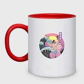 Кружка двухцветная с принтом Vaporwave Sunset Кот Самурай в городе Новоалтайск, керамика | объем — 330 мл, диаметр — 80 мм. Цветная ручка и кайма сверху, в некоторых цветах — вся внутренняя часть | cat | glitch | great wave | hokusai | kanagawa | kanji | neon | retrowave | большая волна | в канагаве | вапорвейв | вейпорвейв | винтаж | глич | закат | иероглифы | канагава | кандзи | котик | кошка | неон | неоновая | ретро
