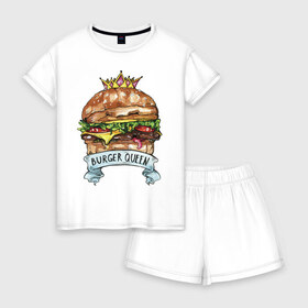 Женская пижама с шортиками хлопок с принтом Burger queen в городе Новоалтайск, 100% хлопок | футболка прямого кроя, шорты свободные с широкой мягкой резинкой | burger | burger queen | бургер | бургер с короной | еда