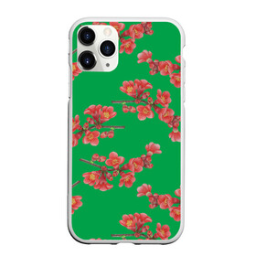 Чехол для iPhone 11 Pro Max матовый с принтом Цветы айвы на зеленом фоне в городе Новоалтайск, Силикон |  | 8 марта | flowers | summer | айва | ботаническая иллюстрация | весна | ветки | зеленый | коричневый | красный | лето | любовь | праздник | принт | природа | растения | цветы