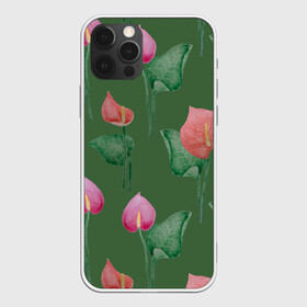 Чехол для iPhone 12 Pro Max с принтом Антуриумы на зеленом фоне в городе Новоалтайск, Силикон |  | 8 марта | flowers | summer | антуриумы | ботаническая иллюстрация | весна | зеленый | красный | лето | любовь | праздник | принт | природа | растения | розовый | цветы