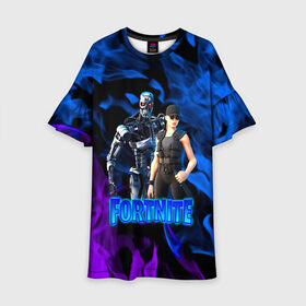 Детское платье 3D с принтом Fortnite T-800/Sarah в городе Новоалтайск, 100% полиэстер | прямой силуэт, чуть расширенный к низу. Круглая горловина, на рукавах — воланы | Тематика изображения на принте: fortnite | heroes | logo game | marshmallow | marshmello | sarah | sarah connor | t 800 | terminator | битва | бойцы | игра | карась | логотипы игр | маршмеллоу | персонажи игр | робот | сара коннор | терминатор | фортнайт