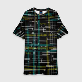 Детское платье 3D с принтом Cyberpunk Tartan в городе Новоалтайск, 100% полиэстер | прямой силуэт, чуть расширенный к низу. Круглая горловина, на рукавах — воланы | cyberpunk | glitch | глитч | киберпанк | клетка | матрица | узор | футуристичный | шотландка