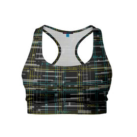 Женский спортивный топ 3D с принтом Cyberpunk Tartan в городе Новоалтайск, 82% полиэстер, 18% спандекс Ткань безопасна для здоровья, позволяет коже дышать, не мнется и не растягивается |  | cyberpunk | glitch | глитч | киберпанк | клетка | матрица | узор | футуристичный | шотландка