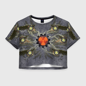 Женская футболка Crop-top 3D с принтом Ядерный резонанс в городе Новоалтайск, 100% полиэстер | круглая горловина, длина футболки до линии талии, рукава с отворотами | atomic reaction | biohazard | bird | eagle | feathers | gear | lightning | phoenix | radiation contamination | wings | атомная реакция | биологическая опасность | крылья | молнии | орел | перья | птица | радиационное заражение | феникс | шестер