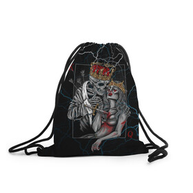 Рюкзак-мешок 3D с принтом The Skull King and Queen в городе Новоалтайск, 100% полиэстер | плотность ткани — 200 г/м2, размер — 35 х 45 см; лямки — толстые шнурки, застежка на шнуровке, без карманов и подкладки | art | gold skull | queen | skull king | the skull king and queen | арт | буби | дама | золотой череп | игральные карты | игроку | карты | кинжал | король | король и дама | король и королева | крести | любовь | он и она | пики | покер